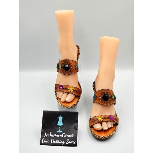 NWOB Spring Step Women's Brown Leather Kitten Heel Open-Toe Sandals Sz 9.5 2398 - Picture 2 of 16